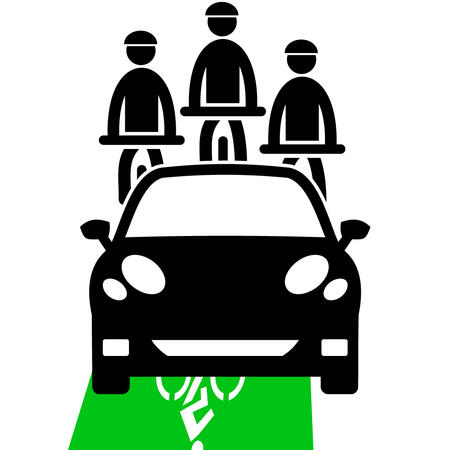 A graphic shows 3 cyclists stuck behind a car in a bike lane.